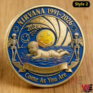 Nirvana Nevermind 35th Anniversary Coin 5 Nirvana style two commemorative coin on a wooden surface showing a baby in water with a yellow smiley face skeleton figures and come as you are text.