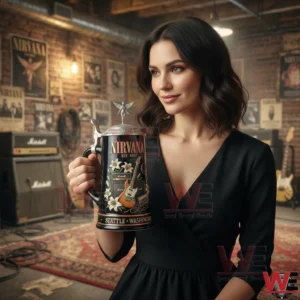 Woman holding a Nirvana anniversary beer stein in a music studio!