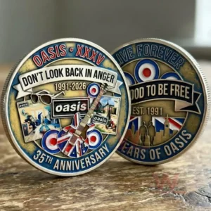 Two sided Oasis 35th anniversary coin showing Dont Look Back In Anger 1991 2026 with music icons on one side and Live Forever Good To Be Free Est 1991 on the other side!