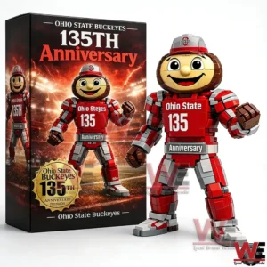 Brick built Ohio State Buckeyes mascot figure in red and gray shown beside a 135th anniversary themed box on a white background!