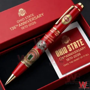 Red Ohio State anniversary pen resting in a red gift box with gold lettering and decorative university elements!