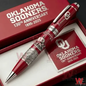 Red anniversary pen with engraved details placed inside a themed presentation box!