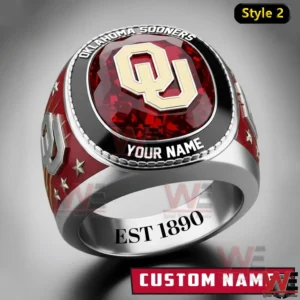 Silver Oklahoma Sooners ring with red gemstone top raised gold OU logo custom name text star accents and Est 1890 engraving inside the band Style 2!