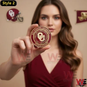 Front view of Oklahoma Sooners commemorative coin with OJ logo and historic championship years!