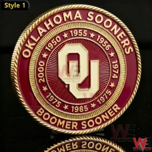 Back view of Oklahoma Sooners football commemorative coin celebrating one hundred thirty five years with stadium and Sooner Schooner!