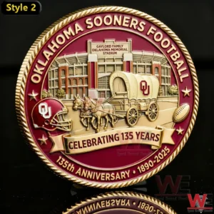 Person holding an Oklahoma Sooners commemorative coin showing detailed design and size!