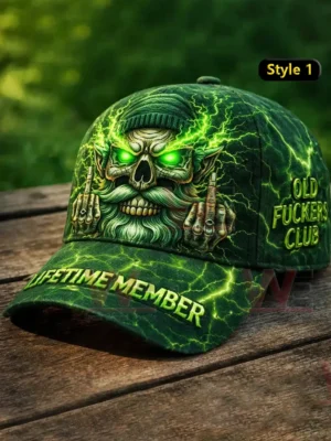 A green printed casual cap with a fierce skull design glowing eyes and dramatic graphic details displayed on a wooden surface!