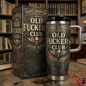 Insulated tumbler with handle and straw featuring a vintage Old Fuckers Club design shown next to a matching themed gift box.