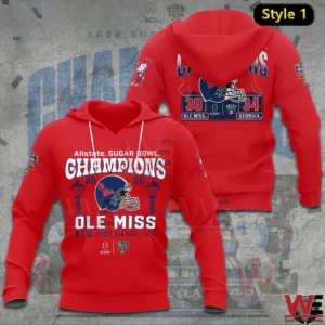 Red Ole Miss Rebels Allstate Sugar Bowl Champions 2026 hoodie with front Champions helmet graphic and back scoreboard style design.