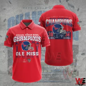 Red Ole Miss Rebels Allstate Sugar Bowl Champions 2026 polo shirt with front Champions helmet design and back scoreboard style graphic.
