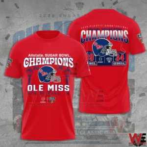Red Ole Miss Rebels Allstate Sugar Bowl Champions 2026 t shirt with front Champions helmet artwork and back scoreboard style design.