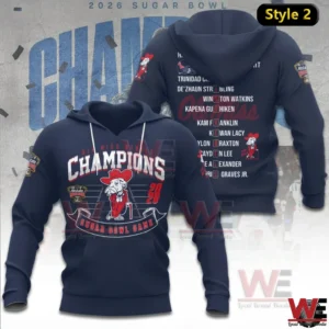 Navy Ole Miss Rebels champions hoodie with front mascot and Champions design and back player name list for a Sugar Bowl themed victory style.