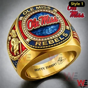 Gold Ole Miss Rebels ring with red and blue enamel crystal border Ole Miss logo center and Hotty Toddy engraving inside!