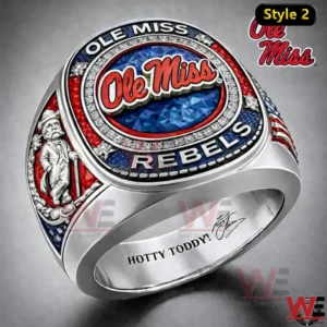 Ole Miss Rebels Hotty Toddy Signature Custom Ring 3 Silver Ole Miss Rebels ring with red and blue enamel crystal border Ole Miss logo center and Hotty Toddy engraving inside!