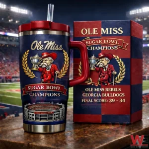 Ole Miss Rebels Sugar Bowl Champions Tumbler 4 Navy Ole Miss Sugar Bowl Champions tumbler with red lid beside a matching Ole Miss box with a stadium background!