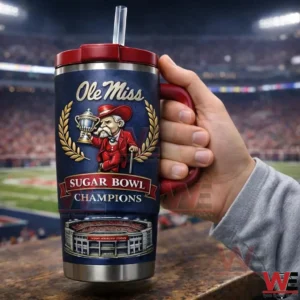 Ole Miss Rebels Sugar Bowl Champions Tumbler 5 Hand holding a navy and red Ole Miss Sugar Bowl Champions tumbler with trophy mascot artwork in front of a stadium background!