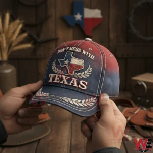 Hands holding a red and navy vintage washed Texas baseball cap with embroidered Dont Mess With Texas text a Texas flag state emblem laurel wreath details and stitched brim accents in a rustic western room.