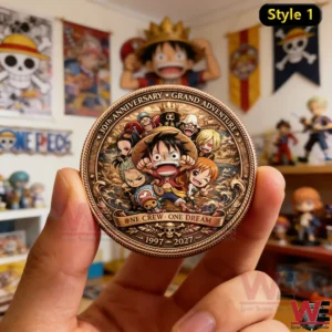A commemorative One Piece anniversary coin held in hand featuring the Straw Hat crew with detailed engraving and a cozy collection display in the background!