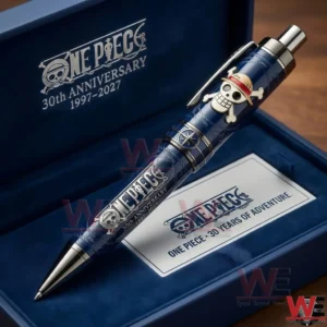 A One Piece anniversary collectible pen displayed in a blue presentation box with pirate emblem and metallic details!