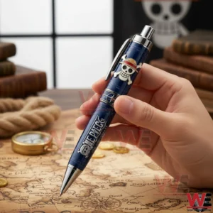 A hand holding a One Piece anniversary collectible pen with pirate emblem over a vintage map background!