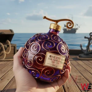 This image presents a limited edition One Piece anniversary whiskey bottle highlighting fantasy design maritime atmosphere and premium craftsmanship!