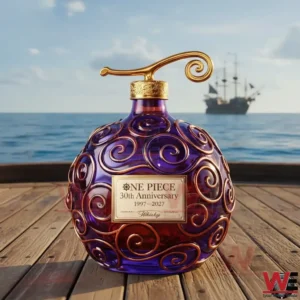 This image shows a One Piece themed whiskey bottle emphasizing symmetry detailed glasswork and an adventurous nautical setting!