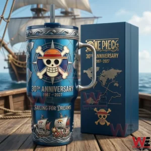 One Piece thirtieth anniversary tumbler with pirate skull symbol and sailing ship artwork displayed next to a themed box on a ship deck!