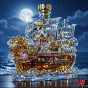A transparent ship shaped whiskey bottle inspired by the Thousand Sunny with golden details and pirate emblem displayed on water under moonlight!