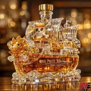 A detailed Thousand Sunny inspired ship shaped whiskey bottle with golden accents and amber liquid placed on a bar counter with warm lights!