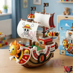 Building block model of the Thousand Sunny pirate ship from One Piece on a table!