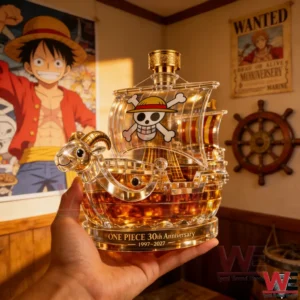One Piece anniversary whisky bottle shaped like the Thousand Sunny ship!