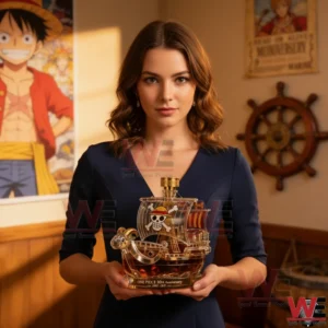 One Piece Thousand Sunny 30th Anniversary 1997-2027 Whiskey Bottle 3 Woman holding a One Piece anniversary whisky bottle indoors!