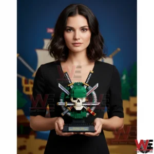 Woman holding a green Zoro themed building brick statue with swords and skull design!