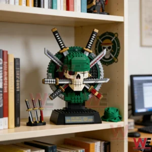 One Piece Zoro 30th Anniversary Building Brick 4 Zoro themed building brick statue displayed on a bookshelf with books!