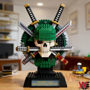 One Piece Zoro 30th Anniversary Building Brick 5 Close up of a Zoro inspired green building brick statue with crossed swords!