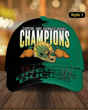 Green and black Oregon Ducks Orange Bowl Champions cap with bold Champions text helmet and orange graphics and Oregon Ducks lettering across the brim!