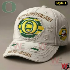 White Oregon Ducks anniversary cap with embroidered logo and distressed texture on neutral background!