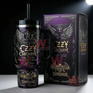 Black and purple Ozzy Osbourne Prince of Darkness tumbler next to a matching gothic style gift box with winged emblem and memorial years 1948 2025!