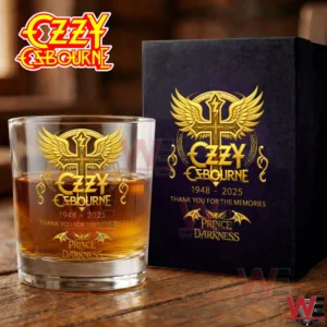 Ozzy Osbourne memorial whiskey glass and collector gift box shown together in a warm studio setting!