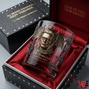 Ozzy Osbourne tribute whiskey glass displayed inside a red lined gift box with gothic decorative elements!