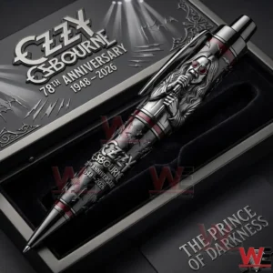 Ozzy Osbourne anniversary pen in an open black gift box showing a singer illustration with the text Ozzy Osbourne seventy eighth anniversary 1948 2026 and a card reading The Prince Of Darkness.