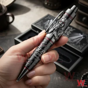 Hand holding an Ozzy Osbourne commemorative pen with singer artwork and the text Ozzy Osbourne seventy eighth anniversary 1948 2026 with a blurred gift box in the background.