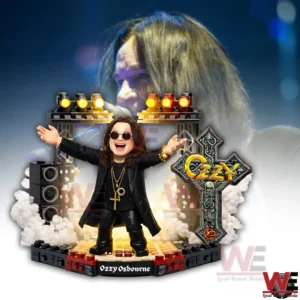 Building block figure of Ozzy Osbourne on a concert stage with raised arms stage lights speakers smoke effects and rock themed details!