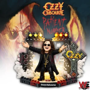 Ozzy Osbourne building block figure on a stage with dramatic lighting smoke speakers and album inspired background artwork!