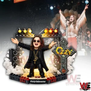Ozzy Osbourne building block figure performing on a stage with concert lighting smoke effects speakers and live show background!