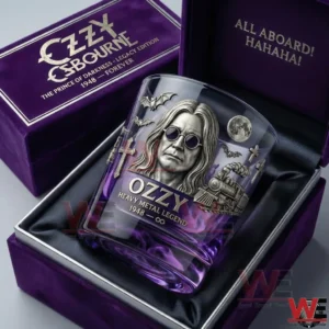Ozzy Osbourne heavy metal legend whiskey glass with gothic artwork displayed in a purple collectors gift box!
