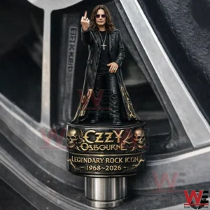 Ozzy Osbourne themed tire valve cap with a miniature rock performer figurine standing inside a close up car wheel rim!