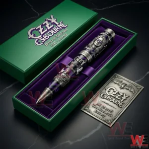 A luxury gothic collector pen resting inside a green presentation box with purple velvet lining and a matching themed card beside it!