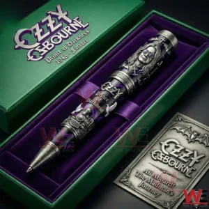 Closeup of a luxury gothic collector pen with Prince of Darkness themed artwork displayed in a green box with purple velvet lining!