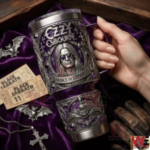 Handheld view of a dark purple insulated tumbler with detailed Ozzy Osbourne Prince of Darkness artwork and ornate gothic styling!